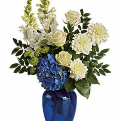 <div class="m-pdp-tabs-description">
<div id="mark-2" class="m-pdp-tabs-marketing-description">Sending this brilliant blue and white bouquet will surely garner oceans of appreciation from whoever receives it.</div>
</div>
<p id="arrngDescp">Dazzling blue hydrangea, green roses and button spray chrysanthemums, divine white dahlias and snapdragons plus huckleberry arrive in a striking cobalt vase.</p>