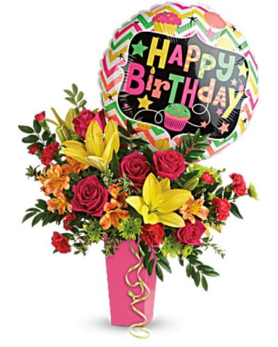 <div class="m-pdp-tabs-description">
<div id="mark-2" class="m-pdp-tabs-marketing-description">No birthday bash is complete without a surprise delivery of beautiful blooms! This festive bouquet of hot pink roses and sunny yellow lilies is topped with a fun Happy Birthday balloon for a gift they'll never forget.</div>
</div>
<p id="arrngDescp">This celebratory arrangement includes hot pink roses, yellow asiatic lilies, orange alstroemeria, red miniature carnations, green button spray chrysanthemums, huckleberry, and oregonia. Delivered in a raspberry tapered vase</p>