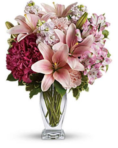 <div class="m-pdp-tabs-description">
<div id="mark-1" class="m-pdp-tabs-marketing-description">Celebrate your love with this beautifully blushing bouquet! Luxurious lilies, delicate hydrangea and fragrant stock delight her senses, soothe her soul, and tickle their fancy. It's a loving gift they won't soon forget!</div>
</div>
<p id="arrngDescp">Includes pink hydrangea, asiatic lilies, alstroemeria, carnations and stock, accented with fresh greens.</p>